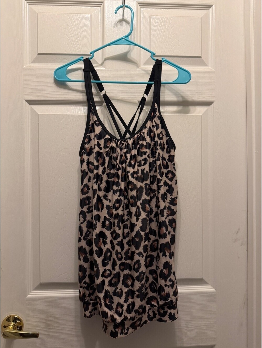 Yonique Leopard Strappy Criss Cross Back Tankini Top XXL